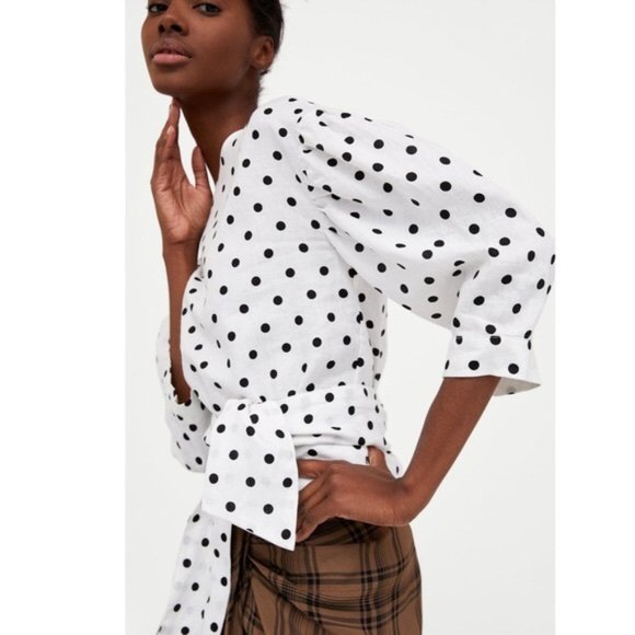 Zara Polka Dot Tie Back Wrap Linen Top Blouse - Picture 7 of 13